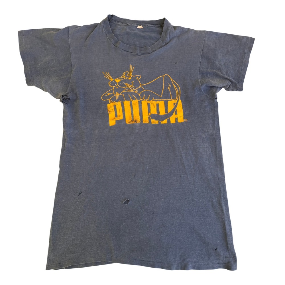 Vintage 70s Puma T Shirt Single Stitch Thrashed Faded Blue Panther Graphic Sz M